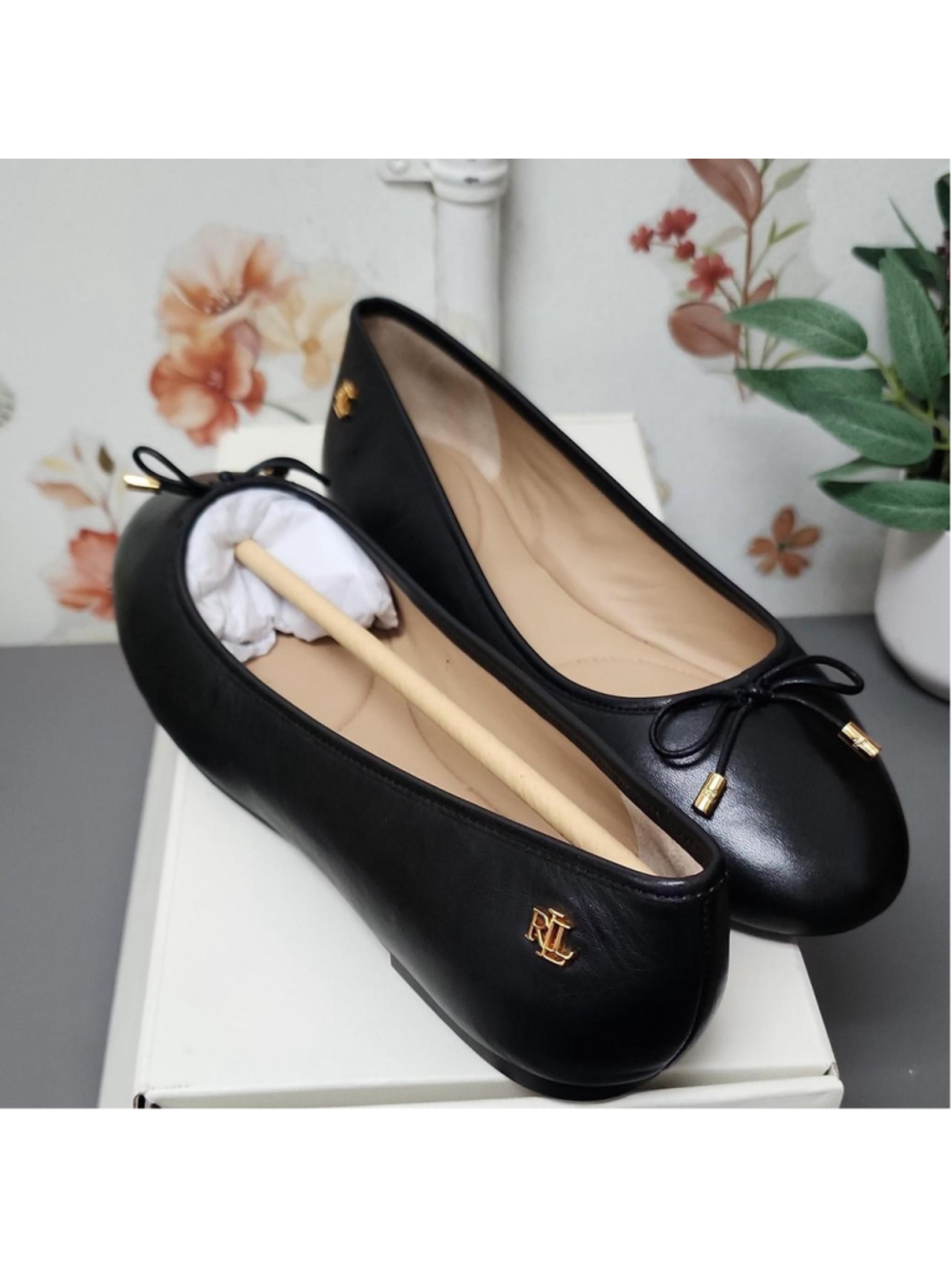 Ralph Lauren black leather ballet flats with gold accents #balletflats #luxury